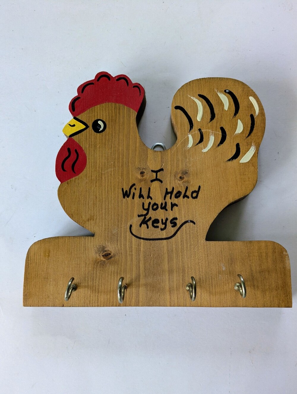 Key Holder Handmade Wall Decor Wooden Hen Rooster Four Brass Hooks